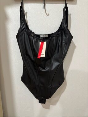 Lush Black Faux-Leather Kids One-Piece Bodysuit with Lace Trim